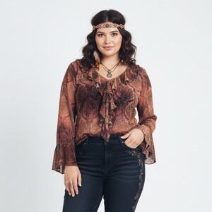 VTG Dressbarn Ruffled Poets Blouse Textured‎ Velvet 1X Paisley Witchy Whimsigoth